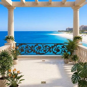 Rampe de balcon en fonte et acier inoxydable de style méditerranéen avec motif floral, résistante à la rouille, à fixation au sol pour usage extérieur - Product Image 1