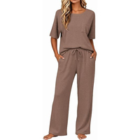 Ensemble pantalon deux pièces pour femmes, manches courtes, patchwork, vêtements de nuit, tenue décontractée, printemps été