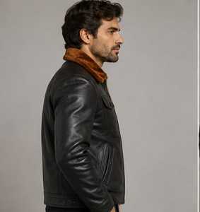 Blouson en cuir pour homme avec col en fausse fourrure et fermeture éclair - Product Image 2