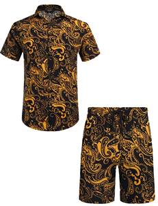 Conjunto de 2 Piezas para Hombre, Camisa de Manga Corta con Botones y Estampado Paisley Barroco Negro y Dorado, Pantalones Cortos a Juego, Estilo Hawaiano Informal, Transpirable para Verano - Product Image 6