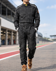 Men's Black Full Sleeve Flame Retardant <b>Waterproof</b> Polyester Racing Suit with Front Logo <b>All</b> Seasons Motorcycle & Auto Wear - Product Image 1