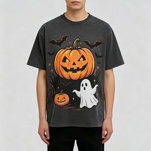 Camiseta de hombre con cuello redondo y manga caída, estampado de Halloween (calabaza, fantasma, murciélago), corte regular, 100% algodón transpirable - Product Image 1
