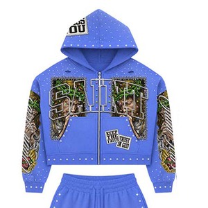 Conjunto de Sudadera con Capucha y Pantalones Cortos Azules para Hombre, Estampado Digital, Estilo Urbano, Conjunto de Dos Piezas con Diseño de Jesús, Ropa de Otoño - Product Image 3