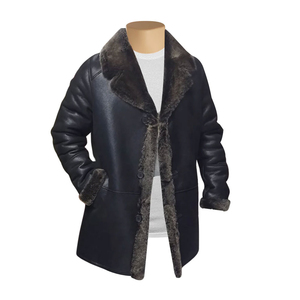 Men's <b>Black</b> Genuine Leather Shearling Overcoat <b>With</b> <b>Fur</b> <b>Collar</b> Lapel Single Breasted Thick Winter Long <b>Coat</b> - Product Image 3
