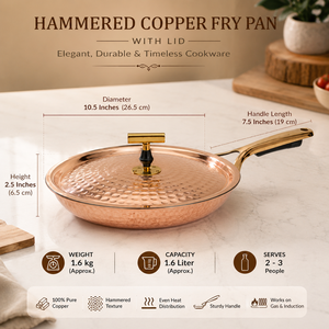 100% Pure Hammered Copper Frying <b>Pan</b> with Lid, Non Stick Copper Skillet, Handmade Chef Cookware, Induction Compatible Kitchen - Product Image 5