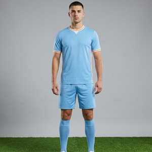 Custom Textured Sky Blue <b>Soccer</b> Uniform Set with Orange & White Trim Sublimated Football Uniform - Product Image 4