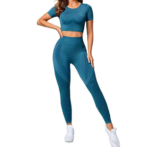 Wholesale Teal Two Piece Yoga Set High Waist Leggings Crop <b>Top</b> Seamless Spandex Polyester Full Length Short Sleeve Crew Neck - Product Image 1