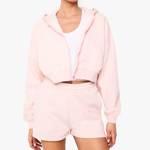 Conjunto de Sudadera con Capucha y Pantalones Cortos para Mujer con Logotipo Personalizado, Paneles de Felpa, Plisado, Cómodo e Informal - Product Image 6