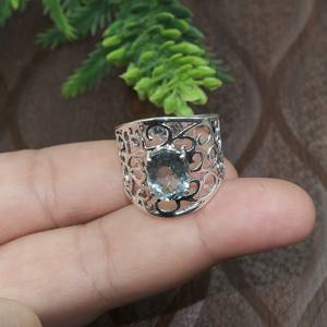 Natural Blue Topaz Silver <b>Ring</b> Handmade Filigree Wide Band <b>Statement</b> <b>Ring</b> Vintage Design Jewelry Gift for Women for unisex Him - Product Image 2