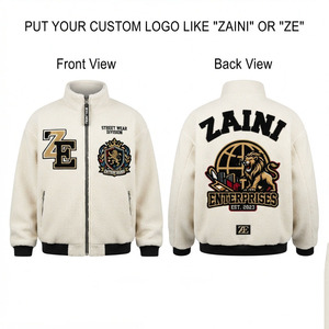 Premium 240gsm Plush Sherpa Fleece <b>Jacket</b> Stand Collar Long Thin for Black Rib Trim Full Zip Custom Embroidery Logo Front - Product Image 1