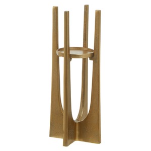 Porte-bougie en métal doré avec un design architectural, supportant une grande bougie blanche pour la décoration moderne de la maison - Product Image 3