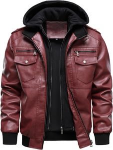<b>Men's</b> Burgundy PU <b>Leather</b> Hooded Moto <b>Jacket</b> Zipper Front Slim Fit Autumn Style - Product Image 2