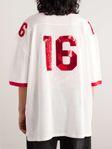 White Mesh Football Jersey Unisex V-neck Short Sleeve <b>Sequin</b> Number 16 <b>Red</b> Trim Breathable Polyester Custom Printed 220g Adult - Product Image 5