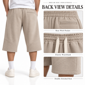 Shorts en molleton de coton 3/4 pour homme, taille élastique avec cordon de serrage, beige, coupe ample, poches latérales, streetwear décontracté, marque privée - Product Image 2