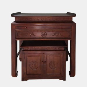 L'autel en acajou comprend une petite armoire avec des sculptures simples de fleurs de lotus. - Product Image 1