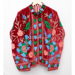 Red <b>Velvet</b> Woven Breathable Embroidered Bomber <b>Jacket</b> with Floral Pattern Mandarin Collar Women's Autumn Style Handmade Craft - Product Image 1