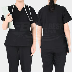 Conjunto de uniforme médico con cuello en V para mujer, negro, de algodón y poliéster, con estetoscopio, para personal médico. - Product Image 4