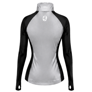 Women Quarter Zip Athletic <b>Top</b> Silver Black Long Sleeve Fitted Sports Training High Collar <b>Thumbhole</b> Performance Activewear - Product Image 2