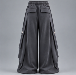 Pantalones Cargo de Pierna Ancha Gris Oscuro para Hombre, Cintura Elástica con Cordón, Bolsillos, Estilo Urbano, Pantalones de Otoño - Product Image 3
