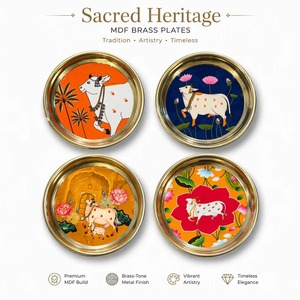 Lavi Fashions Pichwai Cow Brass Plate Potli Bag MDF Haldi Kumkum Return Gift Combo Indian Pichwai Cow Print Decorative Plate Cow - Product Image 2