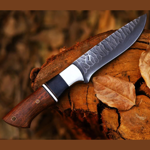 Couteau Bowie à lame fixe en acier inoxydable, finition martelée personnalisée, pointe clip, manche en bois et corne, lame pleine longueur, Pasha Enterprises - Product Image 4