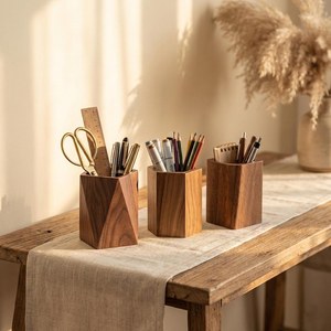 Geometric Black Walnut Pen Holder | Minimalist <b>Solid</b> Wood <b>Desk</b> Organizer | Modern <b>Wooden</b> Pencil Cup | Aesthetic Office Desktop D - Product Image 2