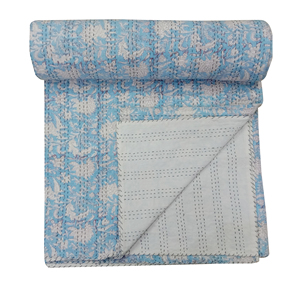 Classic <b>Hand</b> Block Blue Floral Cotton Quilt <b>Hand</b> <b>Stitched</b> Quilted Home Decor All-Season - Product Image 4