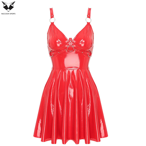 Nouvelle arrivée, robe skater en similicuir rouge pour femme, brillante, avec bretelles réglables et détail anneau en O, style gothique punk, tenue de club - Product Image 5