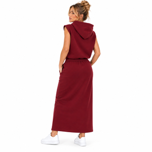 Hot Selling Burgundy Women's Sleeveless Hooded Vest Maxi Skirt <b>Tracksuit</b> Custom Logo High GSM Fleece Cotton Blank <b>Y2K</b> Loungewear - Product Image 3