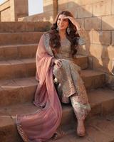 Ensemble Salwar Kameez pakistanais tendance en Georgette, broderie et travail de sequins, comprenant un haut, un Sharara et un Dupatta, vert marin AG501, en tissu Lawn, longueur genou