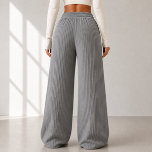 High Waist Wide Leg <b>Pants</b> Knitted Cotton Spandex Elastic Waist Loose Fit Full Length Solid Gray Casual <b>Pants</b> - Product Image 2