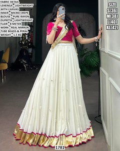 Traditional Indian <b>Lehenga</b> Choli Set <b>White</b> With Gold Border Pink Blouse Real Mirror Work Floor-Length Women's Ethnic Wear - Product Image 2