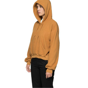 Sweat-shirt à capuche jaune moutarde pour femme, coupe classique, en coton tricoté, manches longues, couleur unie, avec poche, respirant, pour l'automne - Product Image 1
