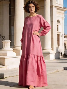 Women <b>Boho</b> Plain Maxi <b>Dress</b> <b>Long</b> Sleeve Cotton Linen Loose Fit Round Neck Flowy Casual Holiday <b>Dress</b> - Product Image 1