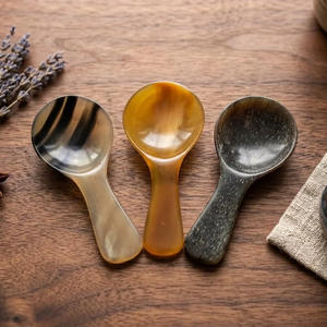 Cuillère à dessert rustique écologique en corne de buffle, lisse et brillante, faite à la main, ronde, pour la crème glacée et le pudding - Product Image 1