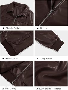 Women's <b>Brown</b> PU <b>Leather</b> Bomber <b>Jacket</b> Full Sleeve Turn-down Collar Zipper Closure Autumn Casual Style - Product Image 6