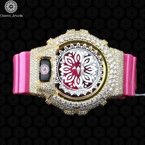 Montre de luxe pour homme Charm, mouvement mécanique analogique, boîtier de 40 mm en acier inoxydable, bracelet en silicone rose, lunette sertie de diamants, automatique - Product Image 1