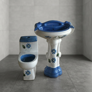 Ensemble complet de sanitaires en céramique Vitrossa de couleur verte chinoise, comprenant un WC et un lavabo sur piédestal - Product Image 4