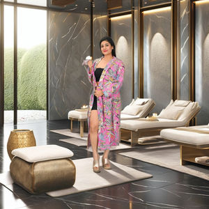 Bata Kimono Multiusos para Mujer, Cuello en V, Cierre con Cordón, Estampado a Mano, 100% Algodón, Ligera, Transpirable, Estilo Boho Elegante - Product Image 1