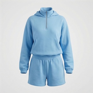 Ensemble 2 pièces pour femme : sweat à capuche et short en polaire bleu clair, coupe décontractée, longueur au-dessus du genou, couleur unie, avec poche, collection Printemps - Product Image 1
