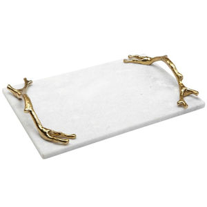 Plateau de service élégant fait main en marbre blanc naturel avec poignées en métal doré poli pour la cuisine, la table à manger et la décoration intérieure - Product Image 2