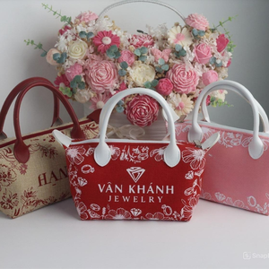 Custom Logo Red Canvas Tote Bag With PU Leather Handle <b>Small</b> Handbag Jewelry Packaging <b>Gift</b> Bag Made in Vietnam - Product Image 6