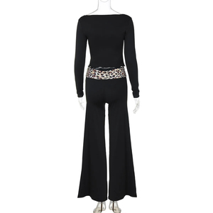 Haut noir à manches longues pour femme avec ceinture léopard, pantalon taille haute à jambes larges, longueur intégrale, respirant, en tricot, spandex, polyester - Product Image 2