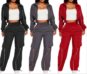 Spring New Fashion Two Piece Outfits Woman Long Sleeves Stripe Patchwork Pocket Crop Top and <b>Pants</b> - Product Image 6