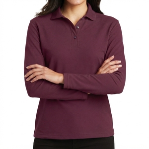 เสื้อโปโลถักแขนยาวผู้หญิงสีทึบลำลองติดกระดุมด้านหน้าสีเบอร์กันดี - Product Image 6