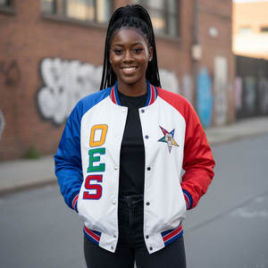 Customized White Eastern <b>Star</b> Sorority Coated Satin Streetwear <b>Jacket</b> Front Embroidered Customized Logo OES <b>Jacket</b> - Product Image 3