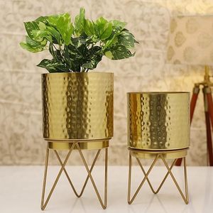 Modern <b>Brass</b> Flower Pot With Hammered Finish Handcrafted Planter For Desktop Green <b>Plants</b> Lightweight And Sturdy Design - Product Image 1