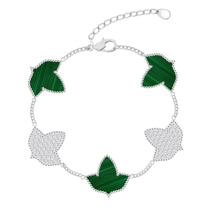   Bracelet en malachite 5 feuilles de lierre plaqué argent, bijou en pierre verte, élégant design à cinq feuilles de lierre, bracelet de mode pour femme - Product Image 1