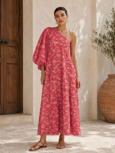 Robe longue en mousseline à imprimé tige de lotus, asymétrique à une épaule, pour soirée décontractée - Product Image 6
