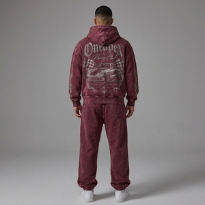 <b>Men's</b> <b>Burgundy</b> Washed Racing Tracksuit Set <b>Hoodie</b> Jogger Pants Graphic Streetwear Two Piece Matching Sweatshirt Custom ODM - Product Image 2
